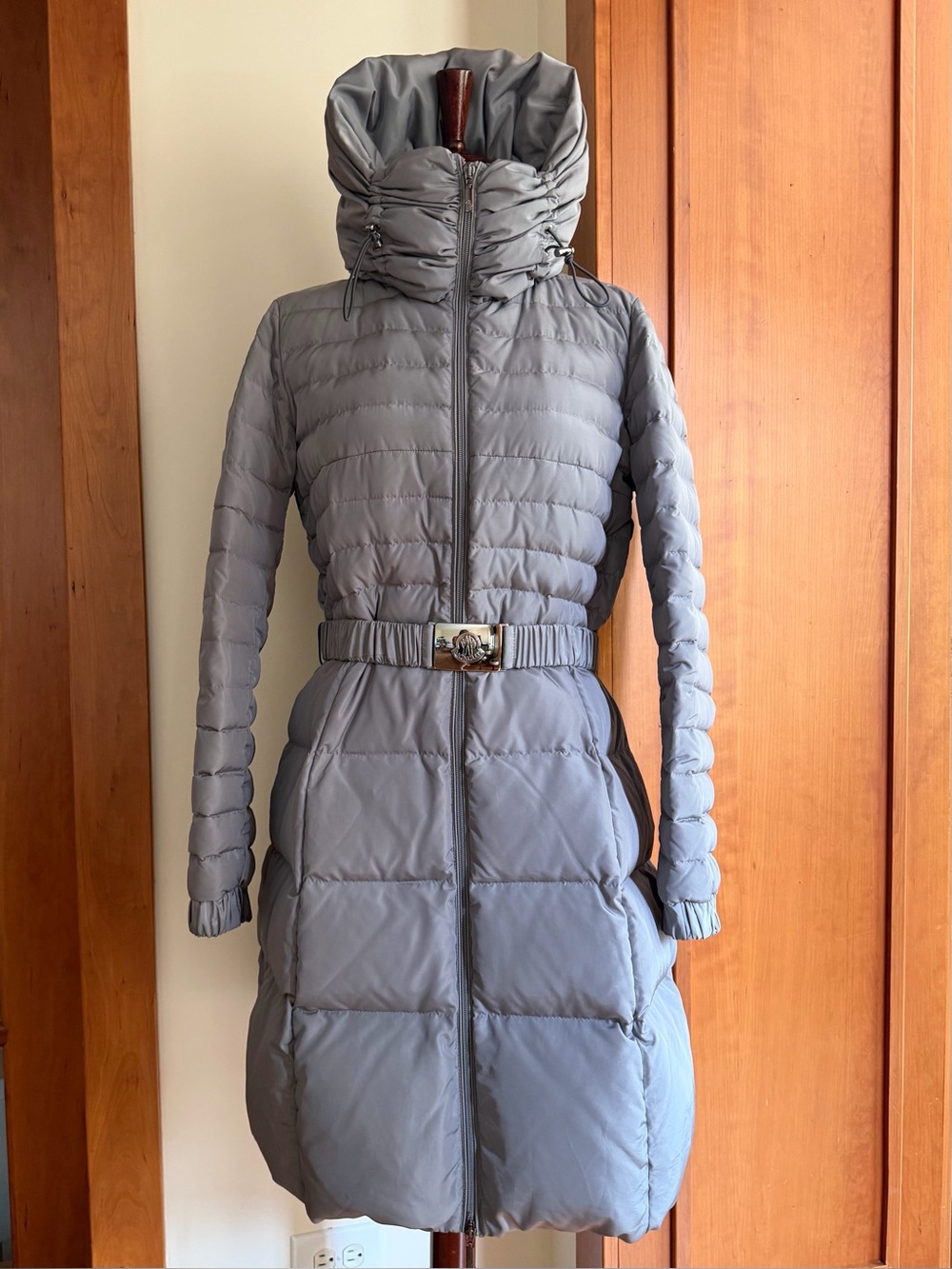 Moncler Grey Quilted Down Coat with Belt